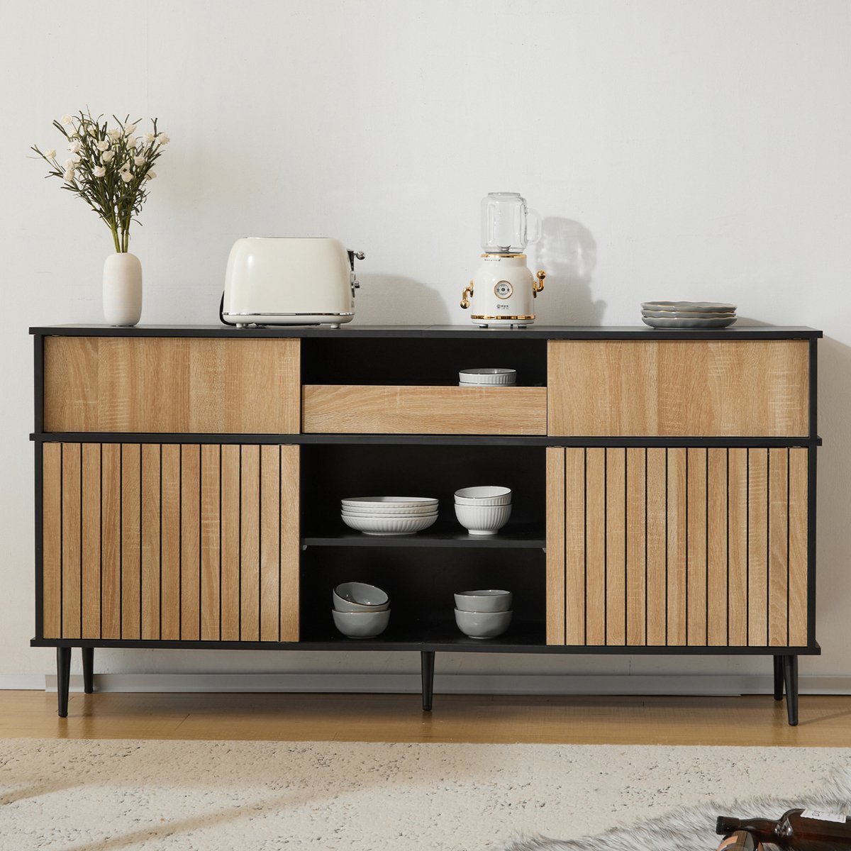COVREO Dressoir kast 160 x 40 x 80 cm - 4 schuifdeuren, 1 lade, zwart met naturel