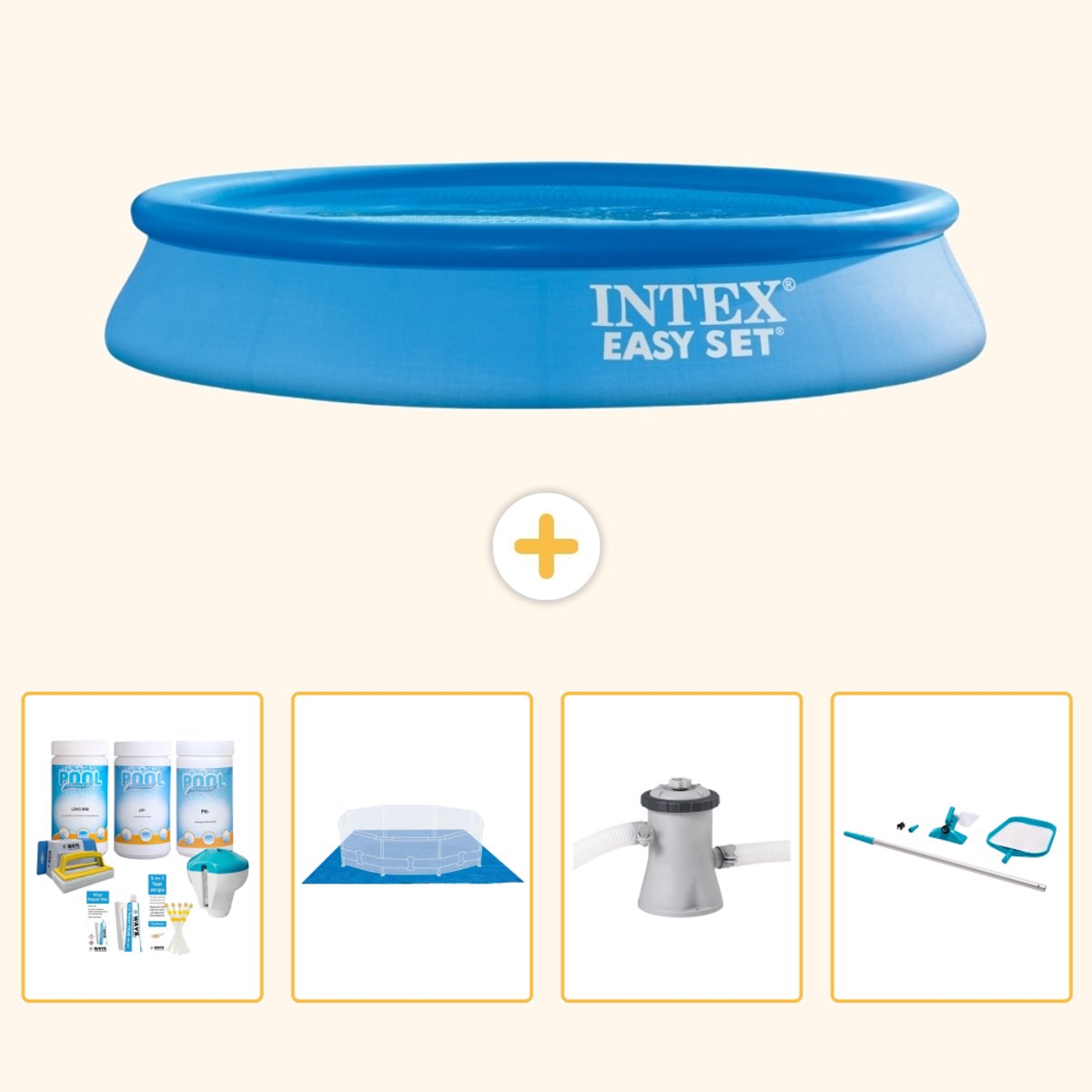 Intex Rond Opblaasbaar Easy Set Zwembad - 305 x 61 cm - Blauw - Inclusief Onderhoudspakket - Grondzeil - Zwembadfilterpomp - Schoonmaakset - 5-delig