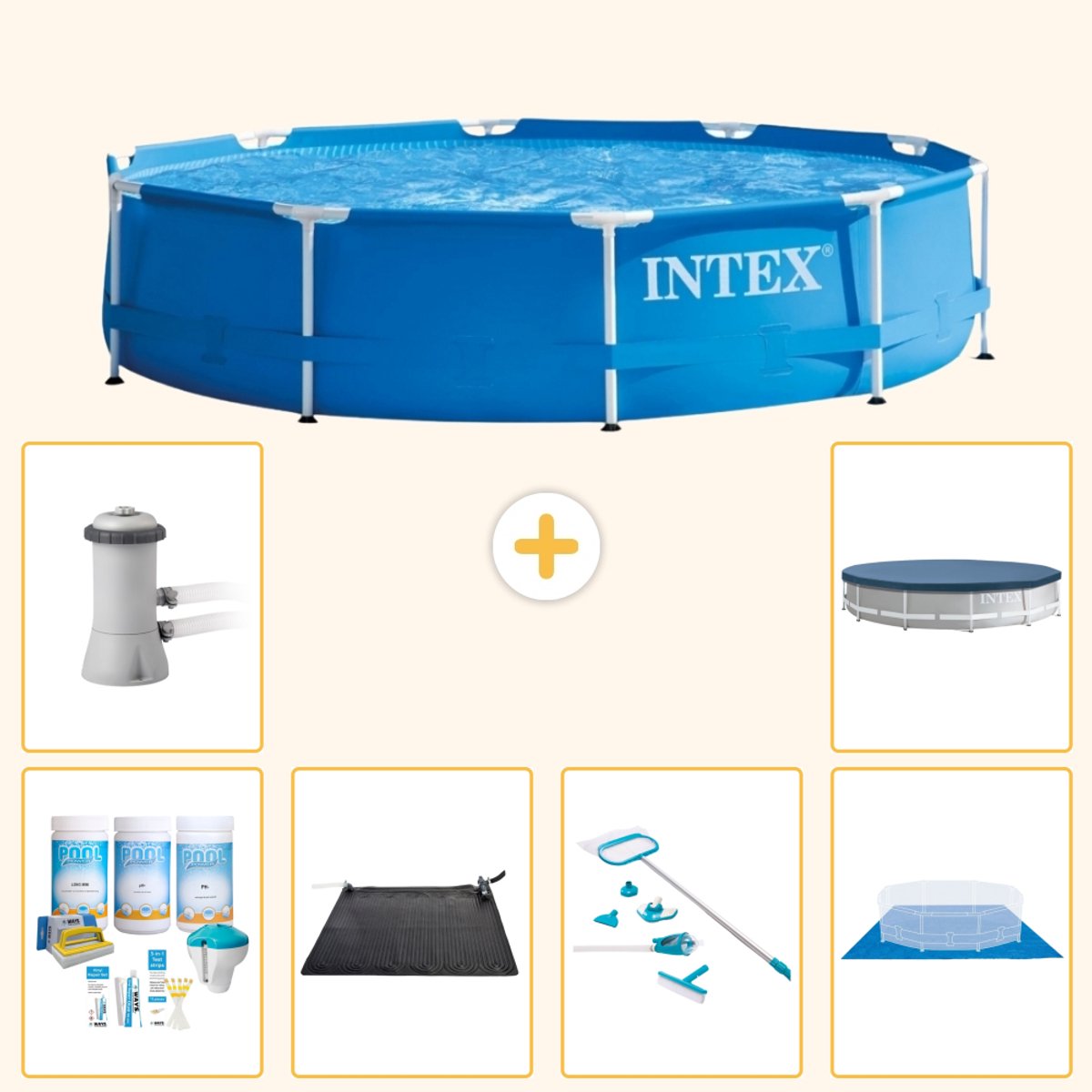 Intex Rond Frame Zwembad - 366 x 76 cm - Blauw - Inclusief Onderhoudspakket - Solar Mat - Schoonmaakset - Grondzeil - Zwembadfilterpomp - Afdekzeil - 7-delig