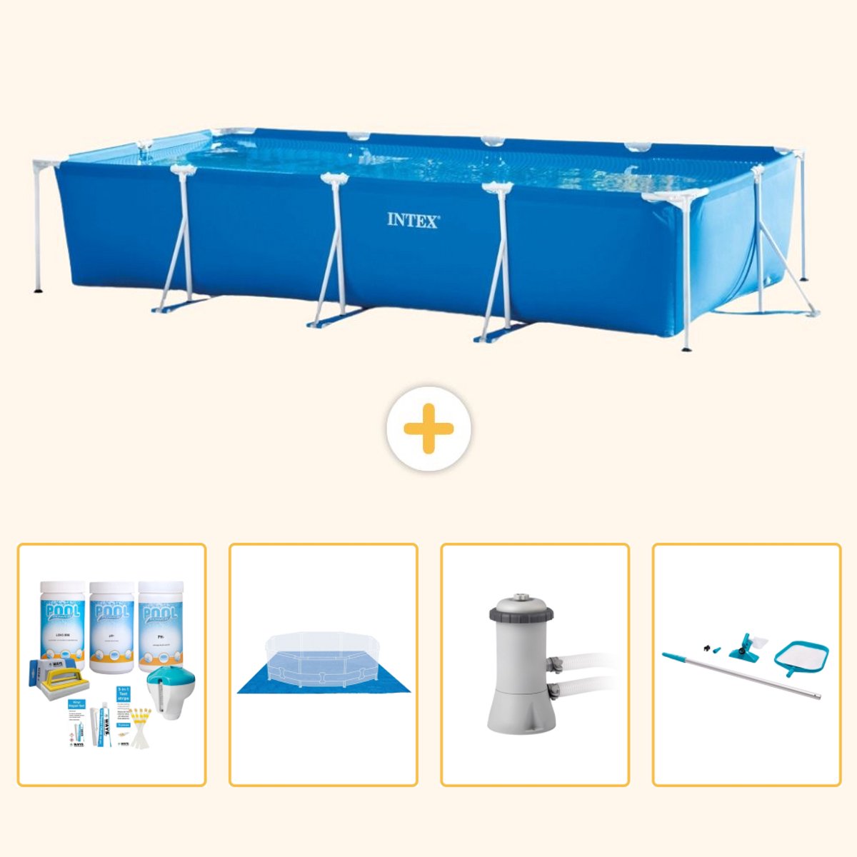 Intex Rechthoekig Frame Zwembad - 450 x 220 x 84 cm - Blauw - Inclusief Onderhoudspakket - Grondzeil - Zwembadfilterpomp - Schoonmaakset - 5-delig