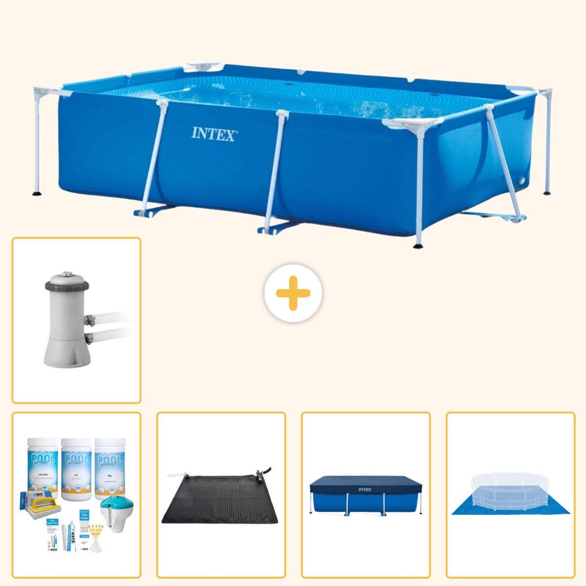 Intex Rechthoekig Frame Zwembad - 300 x 200 x 75 cm - Blauw - Inclusief Onderhoudspakket - Solar Mat - Afdekzeil - Grondzeil - Zwembadfilterpomp - 6-delig