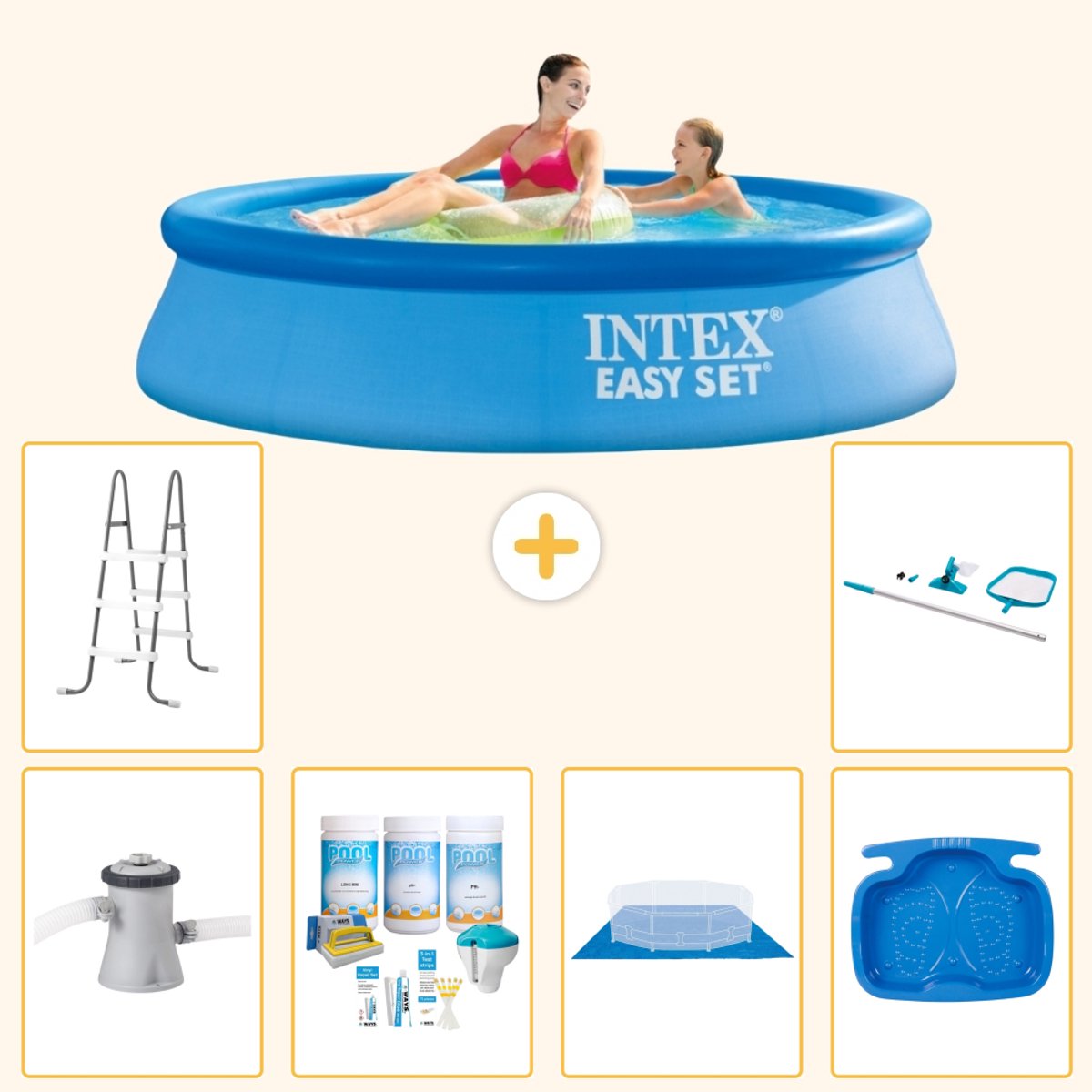 Intex Rond Opblaasbaar Easy Set Zwembad – 244 x 61 cm – Blauw – Inclusief Pomp – Onderhoudspakket – Grondzeil – Voetenbad – Ladder – Schoonmaakset – 7-delig