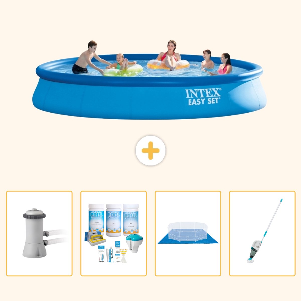Intex Rond Opblaasbaar Easy Set Zwembad - 457 x 84 cm - Blauw - Inclusief Pomp - Onderhoudspakket - Grondzeil - Stofzuiger - 5-delig