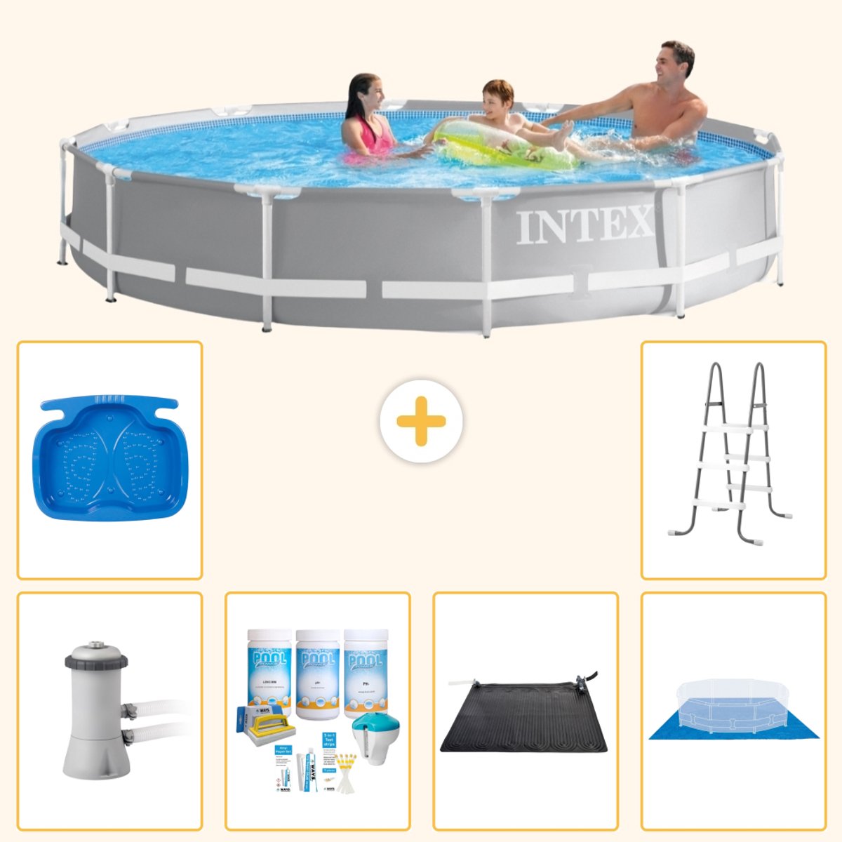 Intex Rond Prism Frame Zwembad - 366 x 76 cm - Grijs - Inclusief Pomp - Onderhoudspakket - Solar Mat - Grondzeil - Voetenbad - Ladder - 7-delig