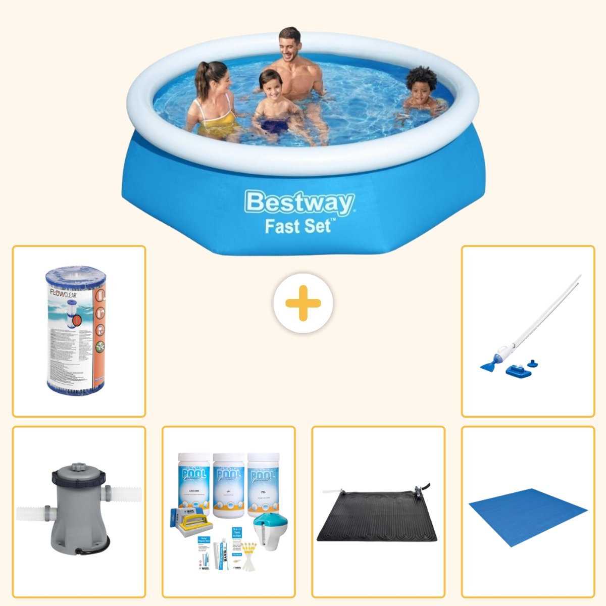 Bestway Rond Opblaasbaar Fast Set Zwembad - 244 x 61 cm - Blauw - Inclusief Pomp - Onderhoudspakket - Solar Mat - Grondzeil - Filter - Stofzuiger - 7-delig