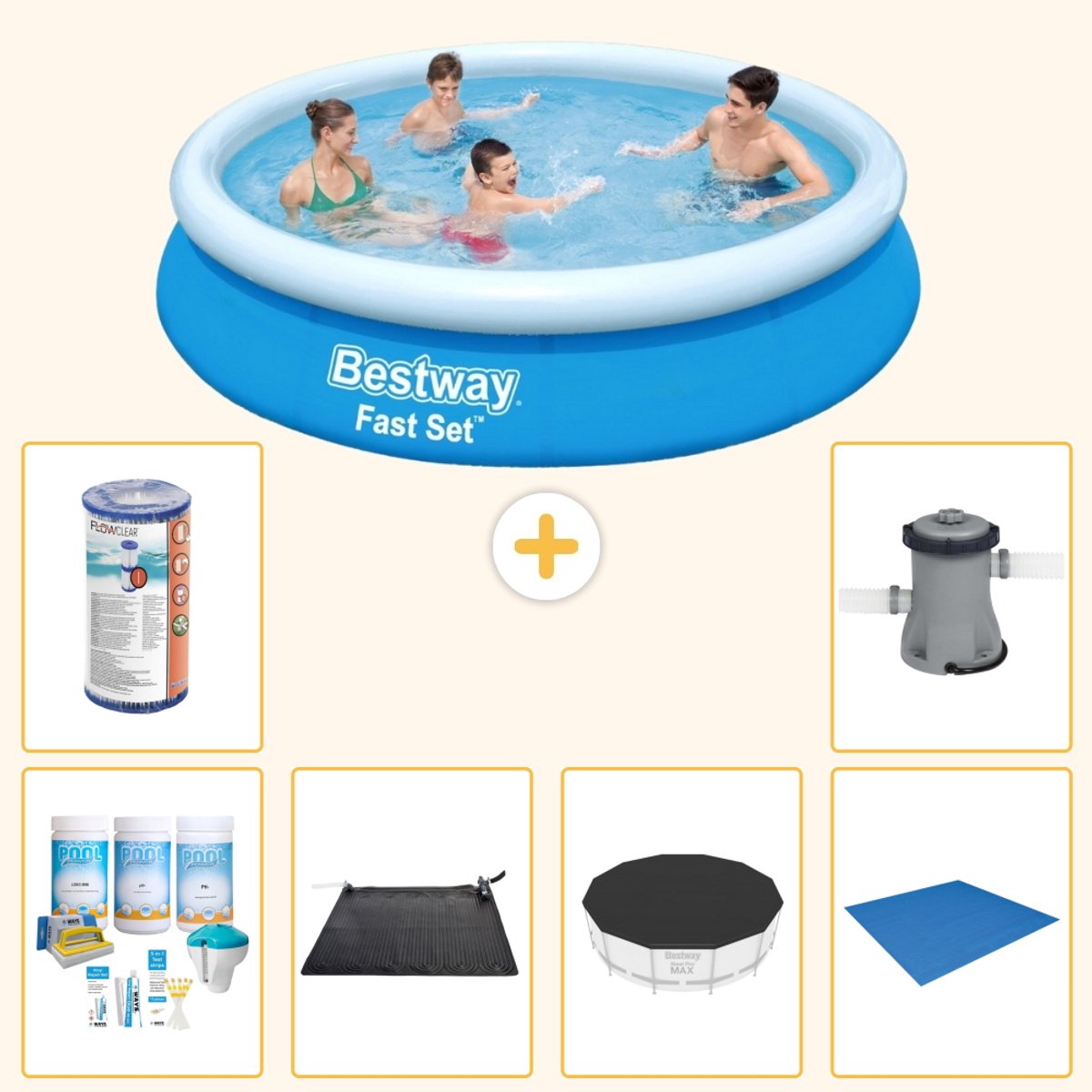 Bestway Rond Opblaasbaar Fast Set Zwembad - 366 x 76 cm - Blauw - Inclusief Onderhoudspakket - Solar Mat - Afdekzeil - Grondzeil - Filter - Zwembadfilterpomp - 7-delig