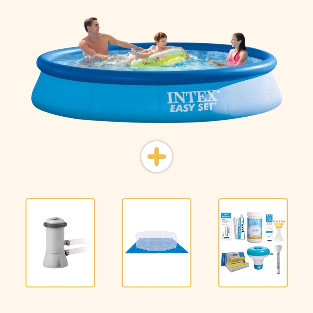 Intex Rond Opblaasbaar Easy Set Zwembad - 366 x 76 cm - Blauw - Inclusief Pomp - Grondzeil - Onderhoudspakket - 4-delig
