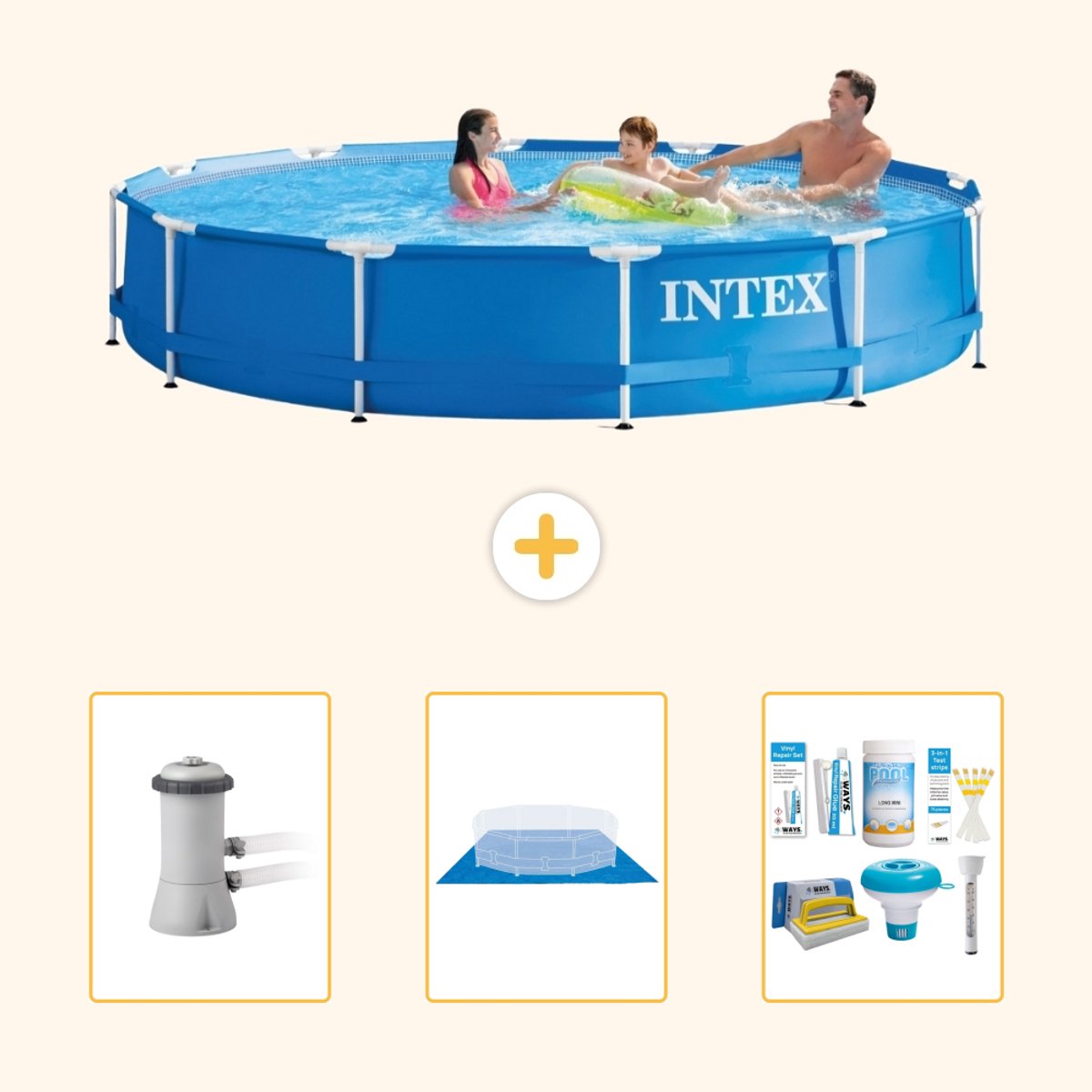 Intex Rond Frame Zwembad - 366 x 76 cm - Blauw - Inclusief Pomp - Grondzeil - Onderhoudspakket - 4-delig