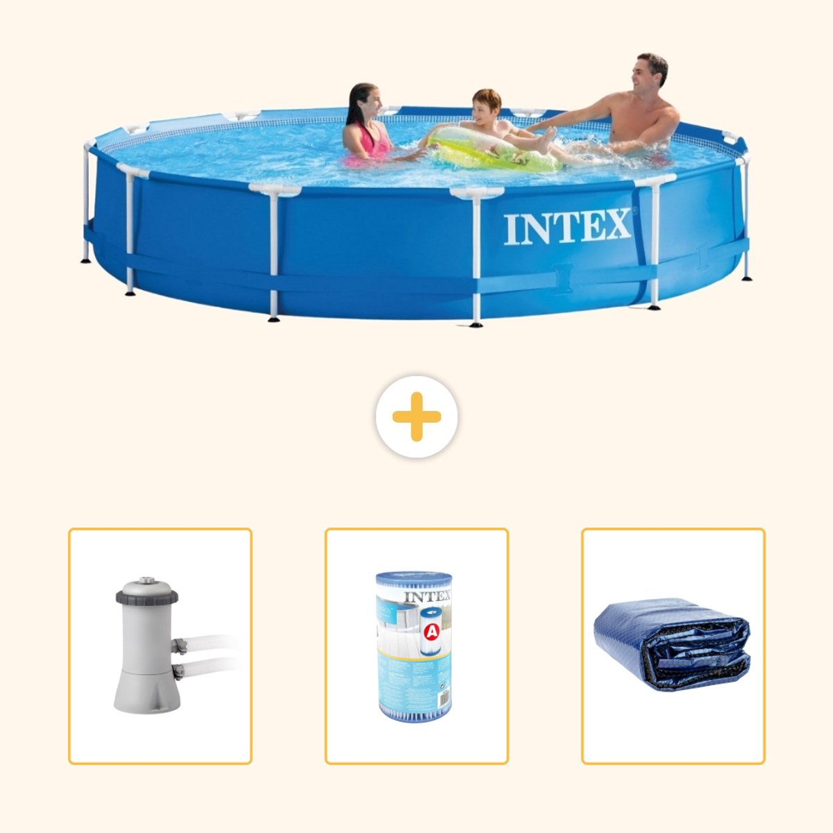 Intex Rond Frame Zwembad - 366 x 76 cm - Blauw - Inclusief Pomp - Filter - Solarzeil - 4-delig