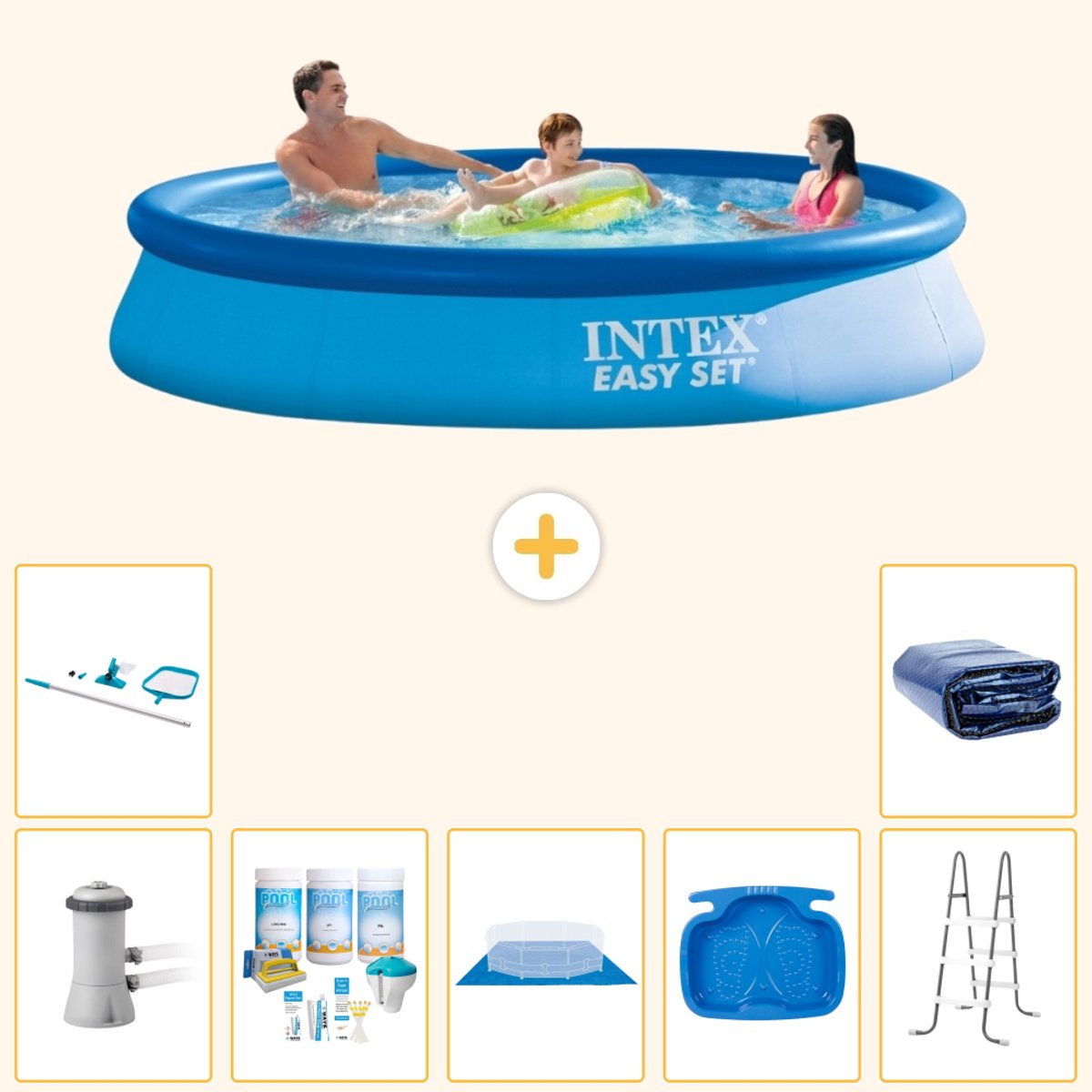 Intex Rond Opblaasbaar Easy Set Zwembad - 366 x 76 cm - Blauw - Inclusief Pomp - Onderhoudspakket - Grondzeil - Voetenbad - Ladder - Schoonmaakset - Solarzeil - 8-delig
