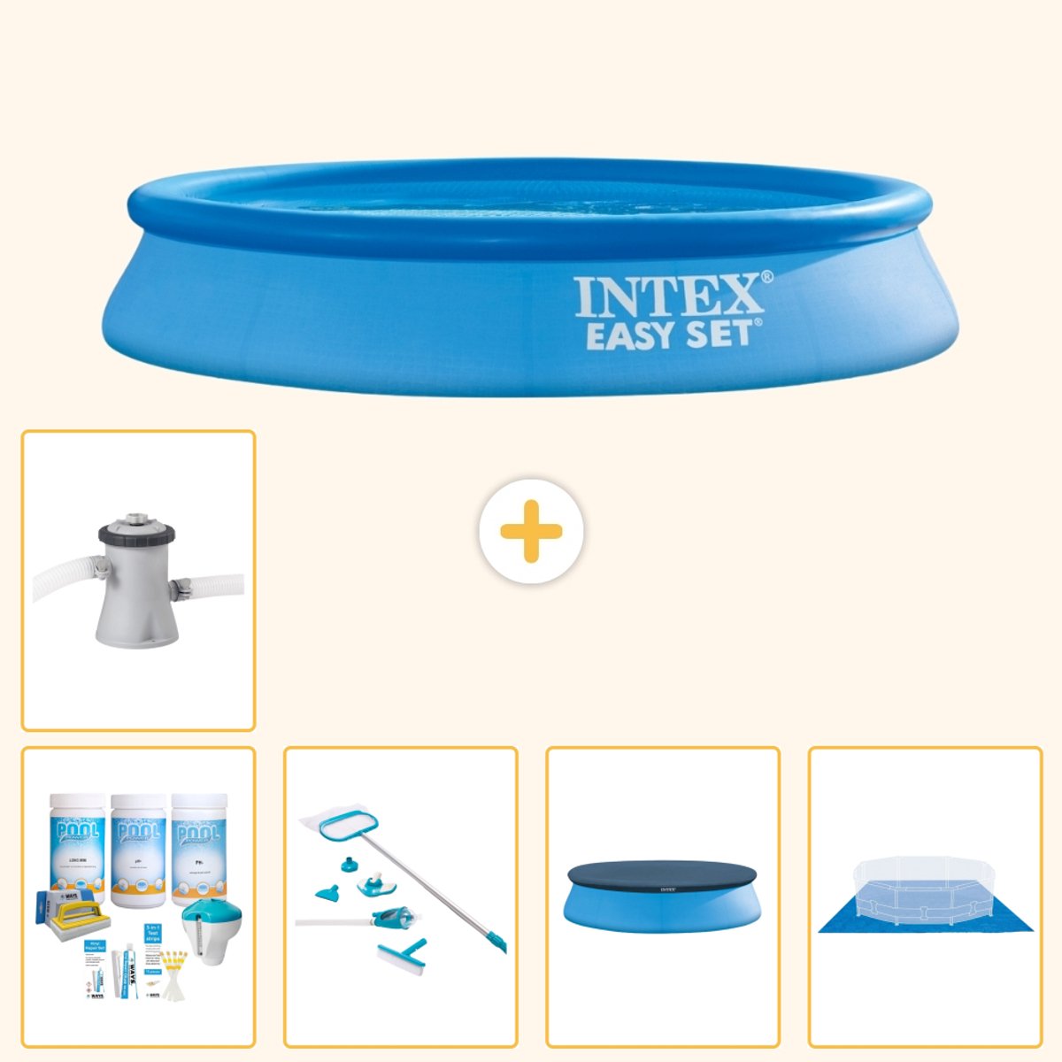 Intex Rond Opblaasbaar Easy Set Zwembad - 305 x 61 cm - Blauw - Inclusief Onderhoudspakket - Schoonmaakset - Afdekzeil - Grondzeil - Zwembadfilterpomp - 6-delig