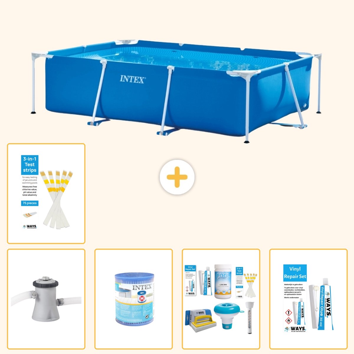 Intex Rechthoekig Frame Zwembad - 260 x 160 x 65 cm - Blauw - Inclusief Zwembadfilterpomp - Filter - Onderhoudspakket - Reparatiesetje - Testrips - 6-delig