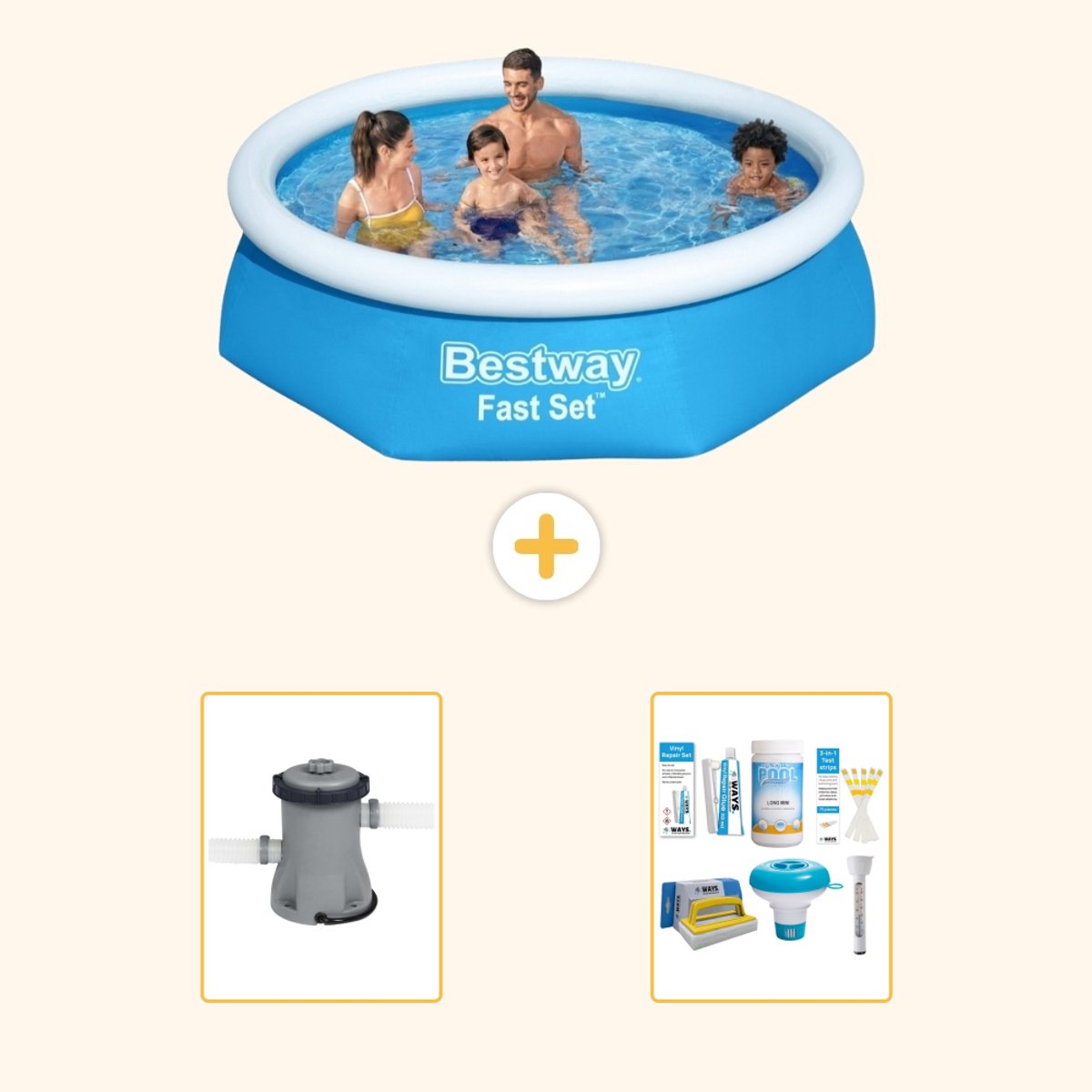 Bestway Rond Opblaasbaar Fast Set Zwembad - 244 x 61 cm - Blauw - Inclusief Pomp - Onderhoudspakket - 3-delig