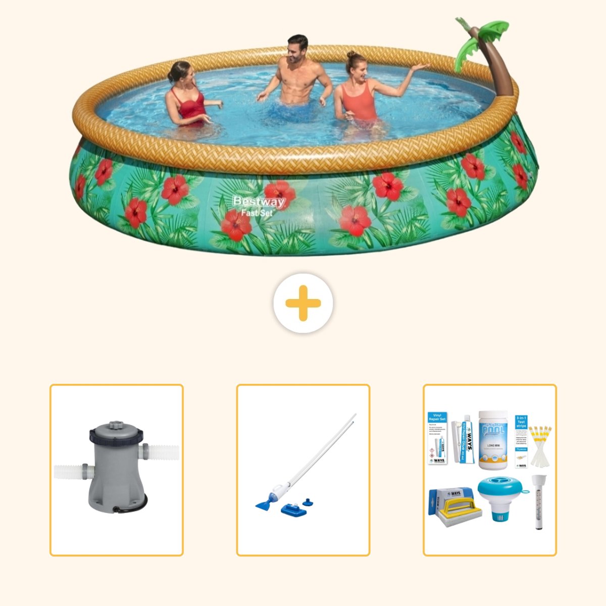 Bestway Rond Opblaasbaar Fast Set Zwembad - Paradijsprint - 457 x 84 cm - Inclusief Pomp - Stofzuiger - Onderhoudspakket - 4-delig