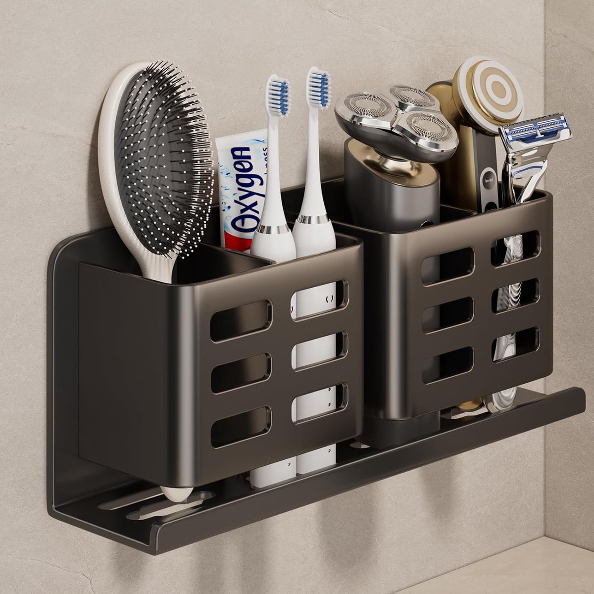 Thijox - Aluminium Tandenborstelhouder - Zelfklevende Ophangbeugel met 4 Compartimenten voor Tandenborstels, Tandpasta, Scheermes en Kam - Zwart - Ide