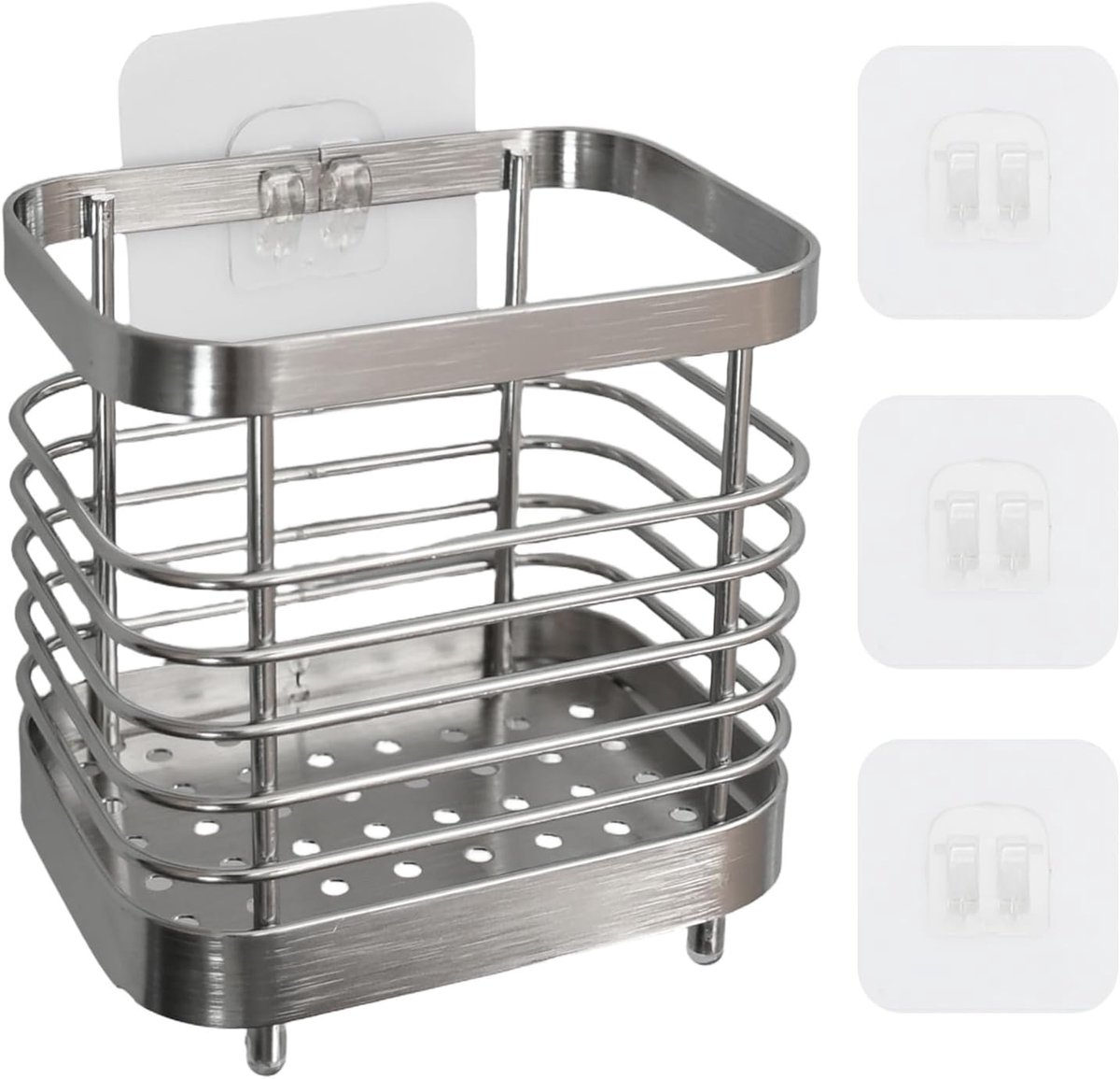 Toothbrush holder for wall mounting without drilling, stainless steel with drain holes and adhesive hooks - ShopVlot