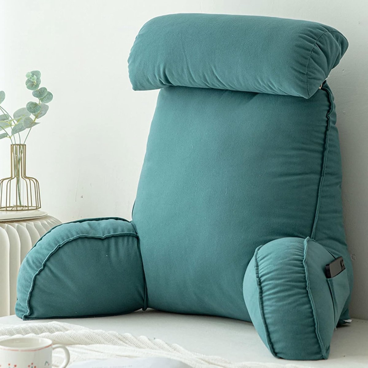 SnelShoppen - Lumbar Kussen met Armsteunen, Rugkussen, Bedkussen, TV Kussen, Leeskussen met Verwijderbare Nekrol, Ideaal als Rugsteun voor Lezen of Vi