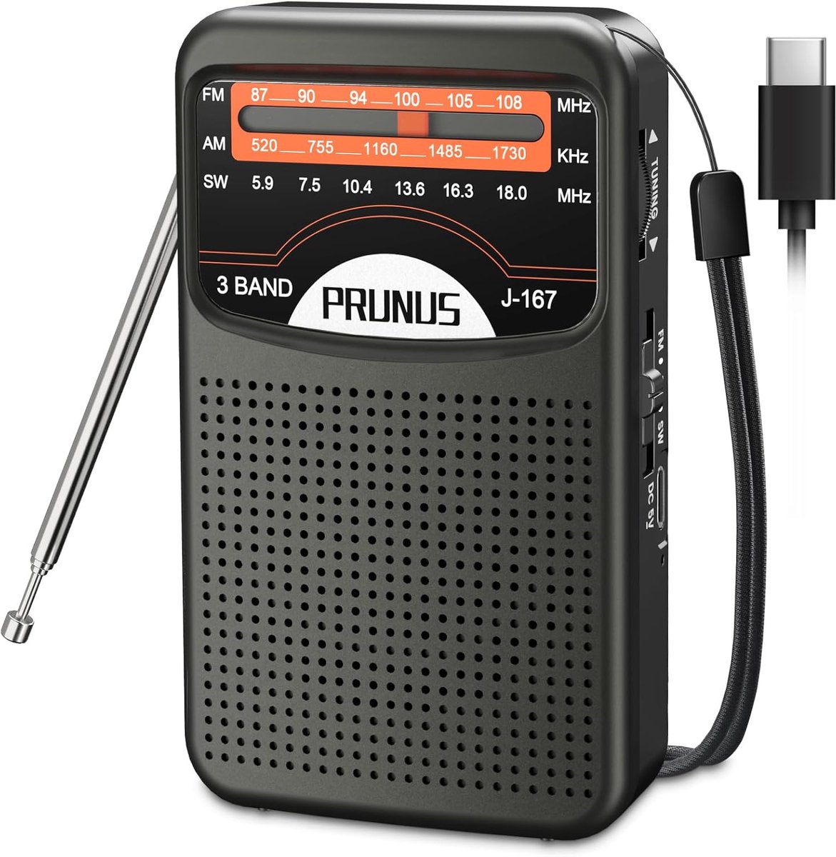Thijox - PRUNUS J-167 AM/SW/FM/UKW Radio Klein, Zakradio met Accu, Oplaadbaar Transistorradio voor Senioren, USB-C Oplaadfunctie, Hoofdtelefoonaanslui