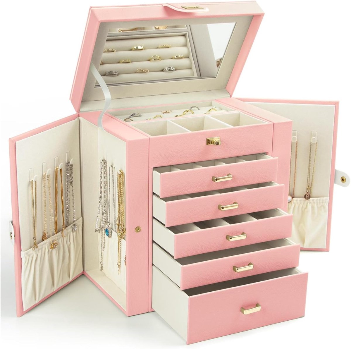 Thijox - Grote Sieradendoos voor Vrouwen, 6-Laags Sieradenorganizer met Spiegel en 5 Laden voor Ringen, Oorbellen, Kettingen, Armbanden - Roze, Perfec