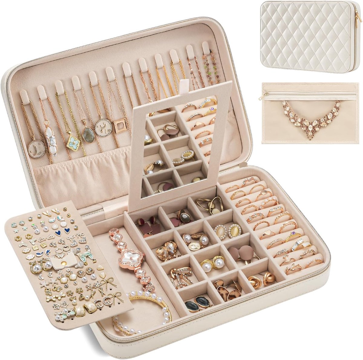 SnelShoppen - Travel Jewelry Case voor Vrouwen, Compacte Sieraden Organizer met Spiegel, Duidelijke Opbergzak, Perfect voor Oorbellen, Kettingen, Armb