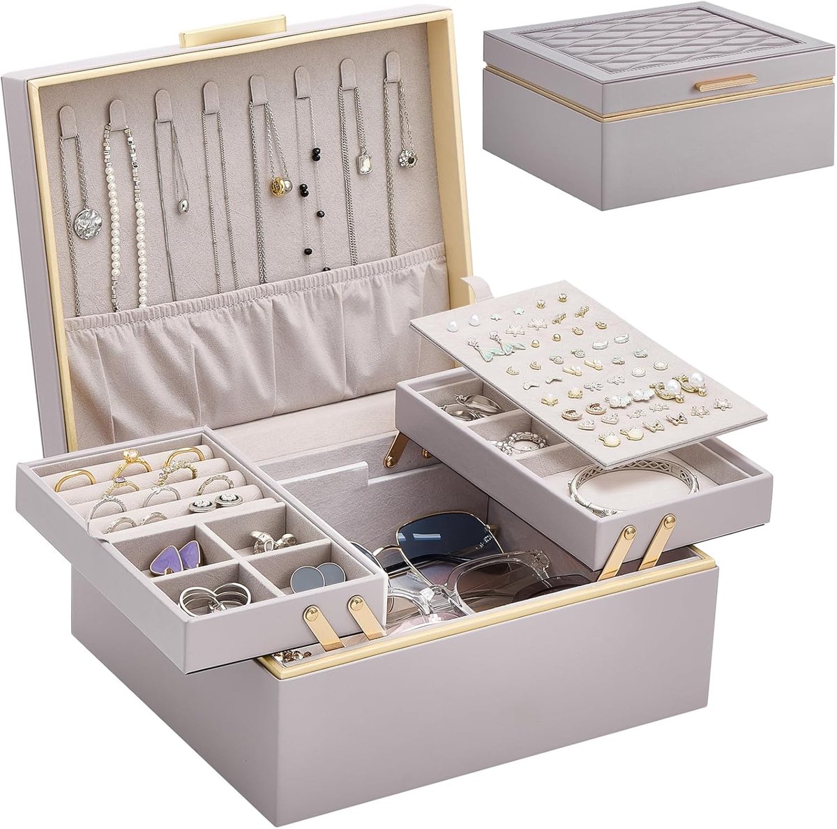 Lolalet Women's Jewellery Box 2 Tier Jewellery Storage Jewellery Box Jewellery Organiser for Necklaces, Rings - ShopVlot