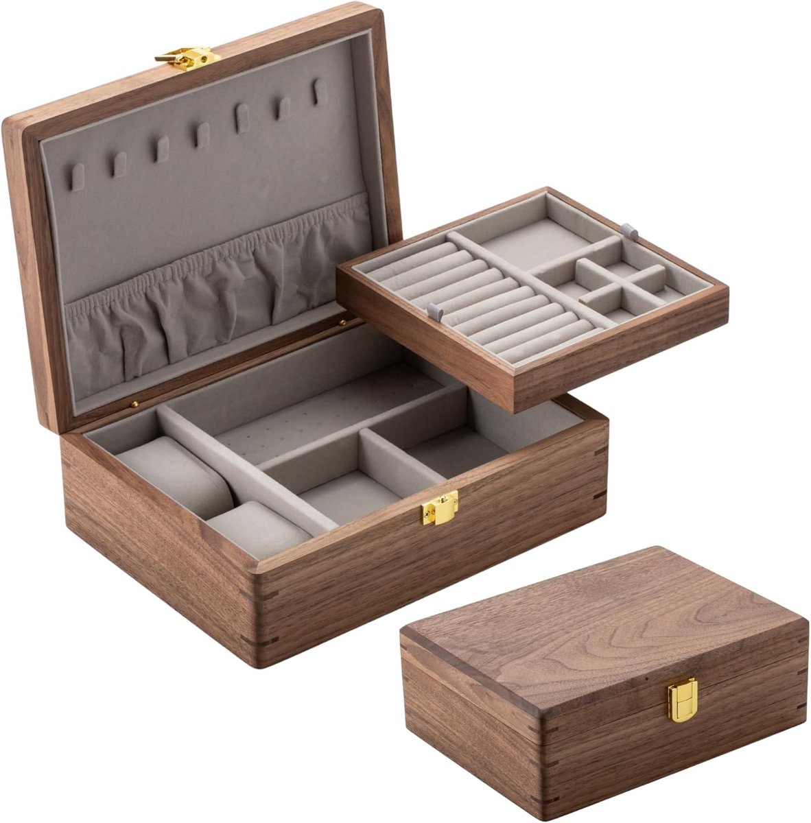SnelShoppen - Luxe Houten Sieradenkistje van Walnoothout met 2 Niveaus, Sieradenopslag voor Halskettingen, Armbanden, Oorbellen, Ringen en Horloges