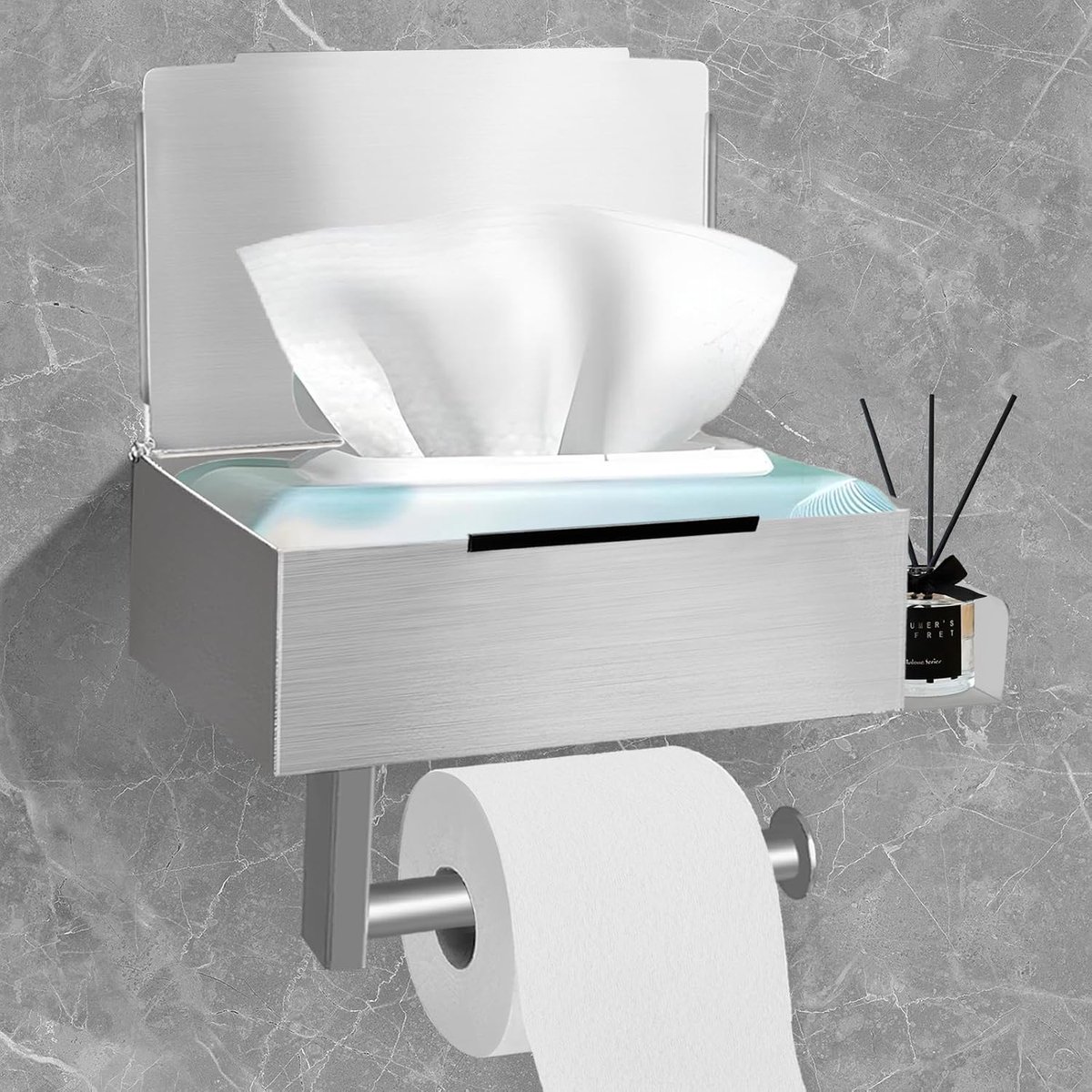 Thijox - Toiletpapierhouder Zonder Boren - Kloophouder voor Toiletpapier met Opbergdoos voor Vochtige Doekjes - Roestvrij Staal - Zilveren Rollenhoude
