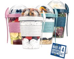 Thijox - CRYSTALIA Mueslibeker To Go Set van 4, BPA-Vrij Yoghurtbeker met Lepel, Cereal Beker en Lunchpot, Ideaal voor Ontbijt en Snack, Kleurrijk en