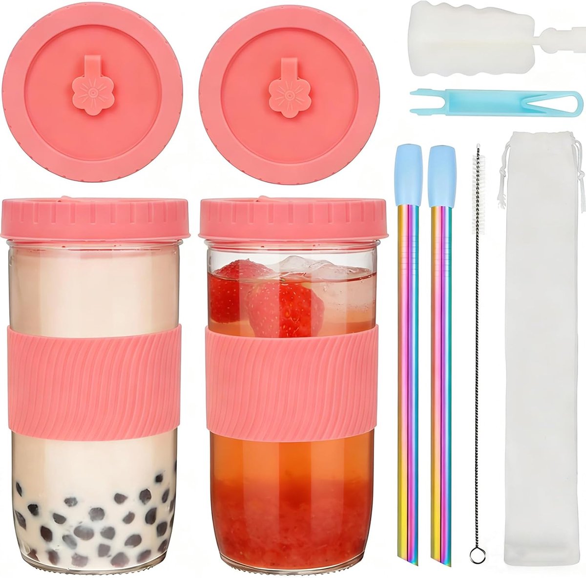 Thijox - Bubble Tea Beker met Rietje, 2 Stuks Glazen Drinkbeker met Deksel, Antislip, Lekvrij, Roestvrij Stalen Rietjes, Ideaal voor Smoothies en Koff