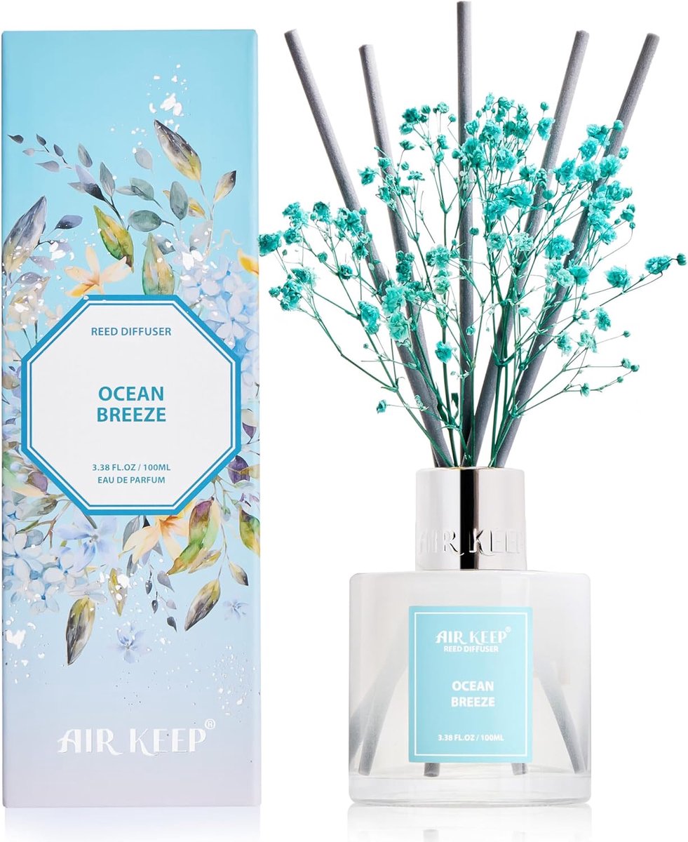 Thijox - Rietdiffuser Ocean Breeze 100ml, Luchtverfrisser met 8 Aromastokjes, Stijlvolle Geur voor Woonkamer, Badkamer, Slaapkamer en Kantoor, Decorat