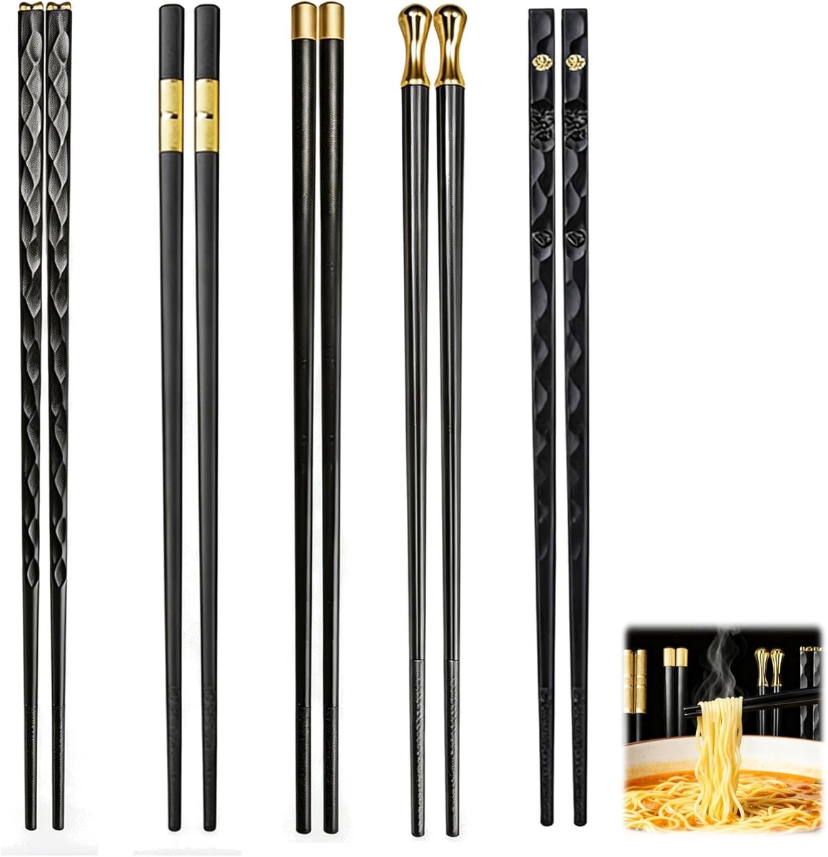 SnelShoppen - Set van 5 Paar Zwarte Bamboe Eetstokjes, Vaatwasserbestendig en Herbruikbaar, Antislip Japanse Chinese Eetstokjes 24cm voor Sushi Ramen
