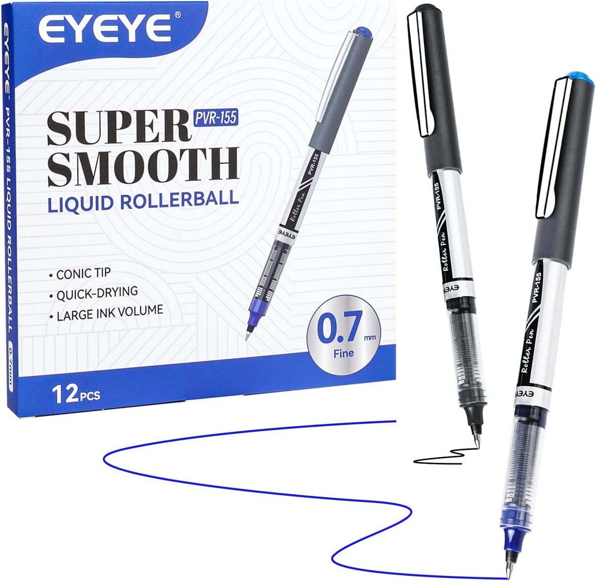 Thijox - EYEYE Tintenroller 12 stuks - 0,7 mm Fijne Punt - Sneldrogende Vloeibare Inkt - 6 Zwart en 6 Blauw - Perfect voor Journaling, Notities, Kanto