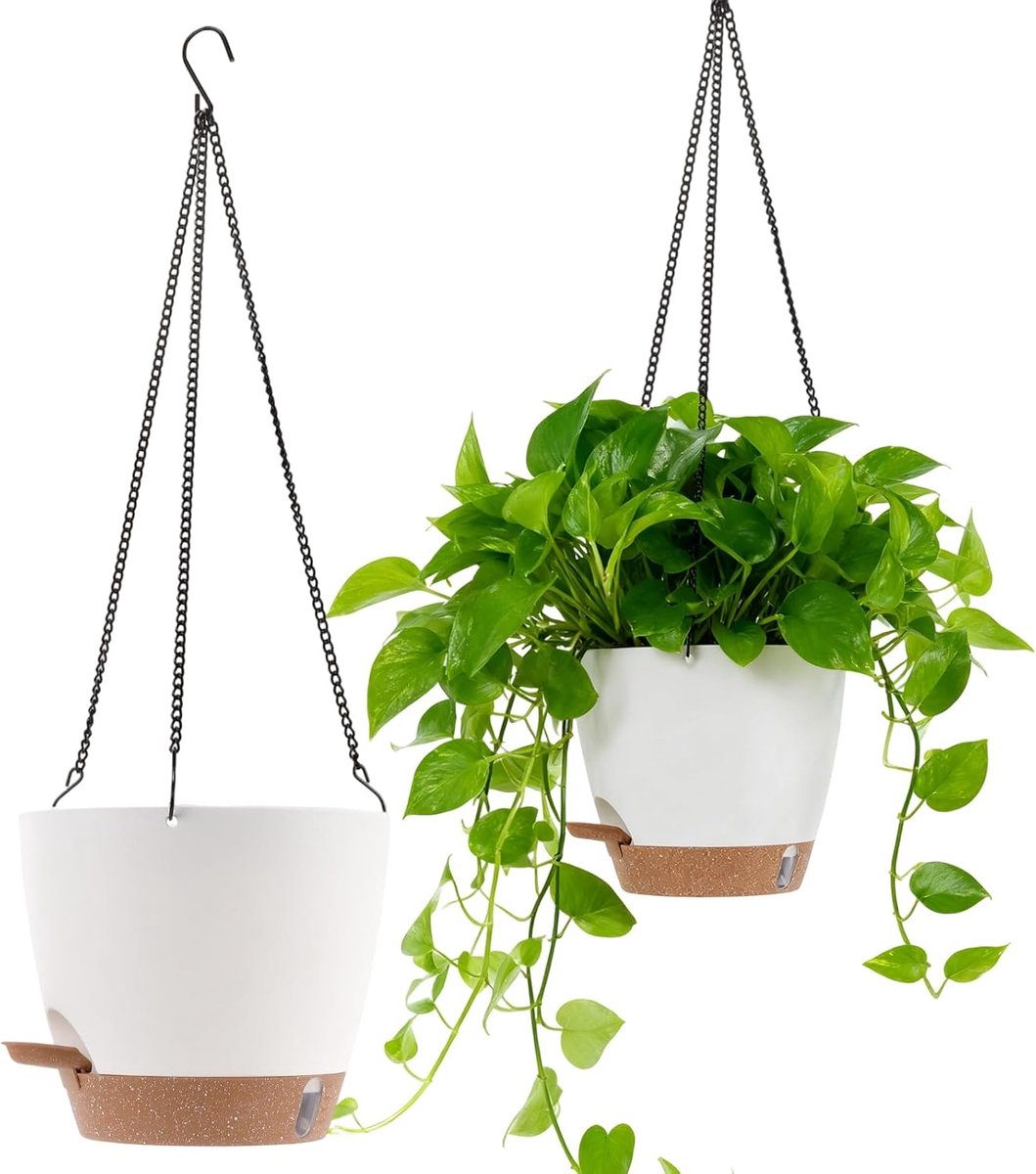 Set van 2 Hangende Bloempotten, 20 x 18 cm, Wit Goud, Met Waterreservoir, Voor Binnen en Buiten Gebruik, Decoratieve Plantenpotten