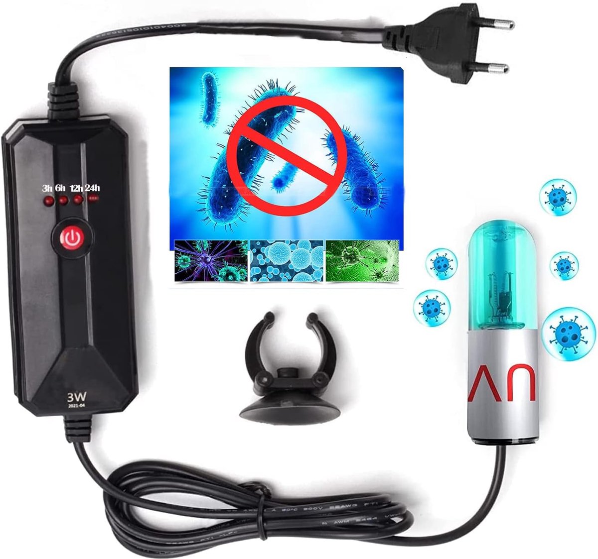Thijox - Aquarium UV-sterilisator licht met timer, UVC-lamp voor vijver en aquaria, mini formaat 7,6 x 2,5 cm, desinfectie voor tuinwater, servies, te