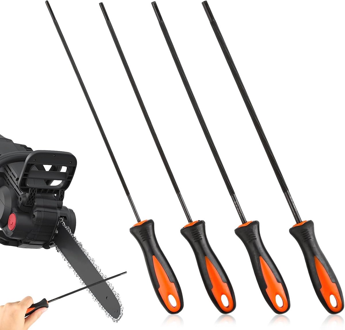Thijox - 4 stuks kettingzaag vijlen set, ronde vijl met handvat, staal, 3,2 mm, 4,0 mm, 4,8 mm, 5,5 mm, zwart en rood, ideaal voor tuin en houtbewerki