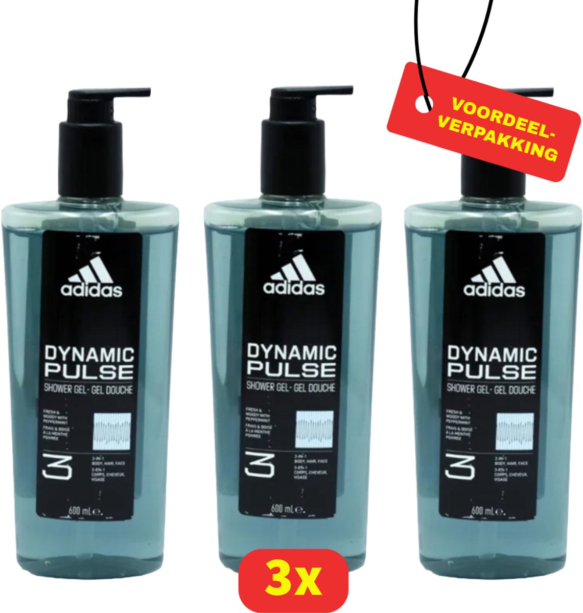 Adidas Dynamic Pulse 3-in-1 Douchegel met Pomp – Lichaam, Gezicht & Haar – 3x 600 ml - Voordeelverpakking!
