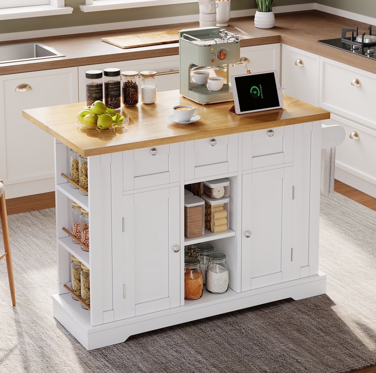 COVREO Keukenkast 132 x 40/70 x 87 cm - uitklapbaar werkblad, lades, stopcontact, wit naturel