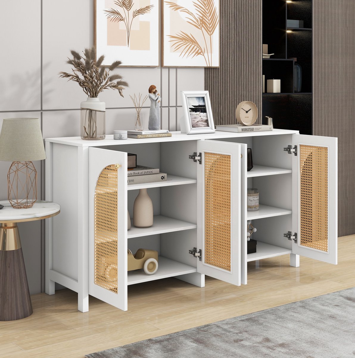 COVREO Buffetkast 145 x 40 x 80 cm - 4 deuren, verstelbare planken, wit