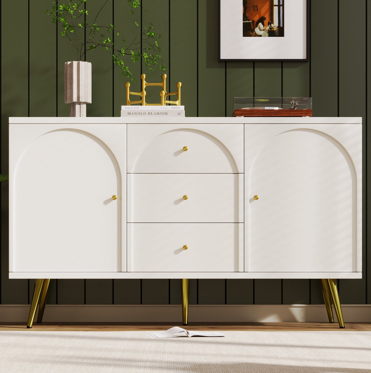 COVREO dressoir 140 x 40 x 84 cm - 2 deuren, 3 lades, verstelbare plank, creme wit