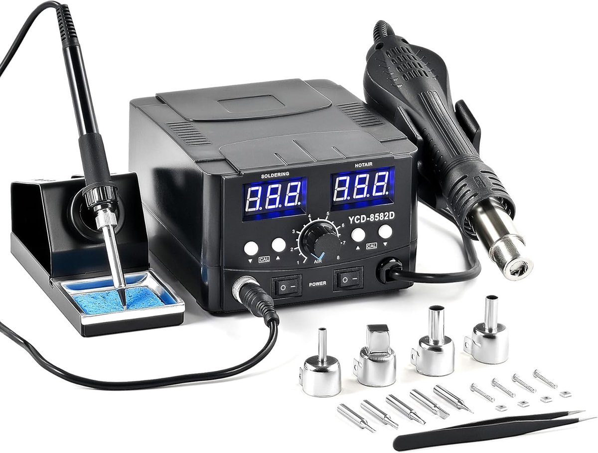Heteluchtsoldeerstation 750W 2 in 1 met temperatuurregeling en LED-display