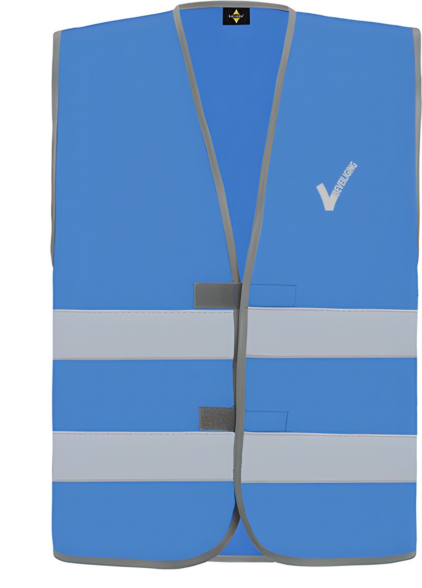 Blauw veiligheidshesje met reflecterende strepen EN met Beveiliging / Security met als borstlogo het bekende V-tje en als ruglogo SECURITY - voor PROFESSIONALS, merk ROLY Maat 3XL / 4XL