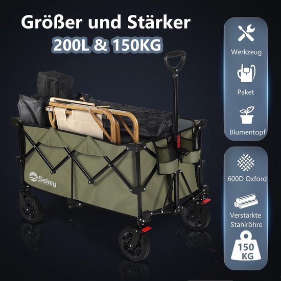 Opvouwbare Bolderwagen 200L 150KG Draagvermogen Ruw Terrein Remmen-Handkar XXL-PlusG 4010 Groen van Merkloos — afbeelding 5