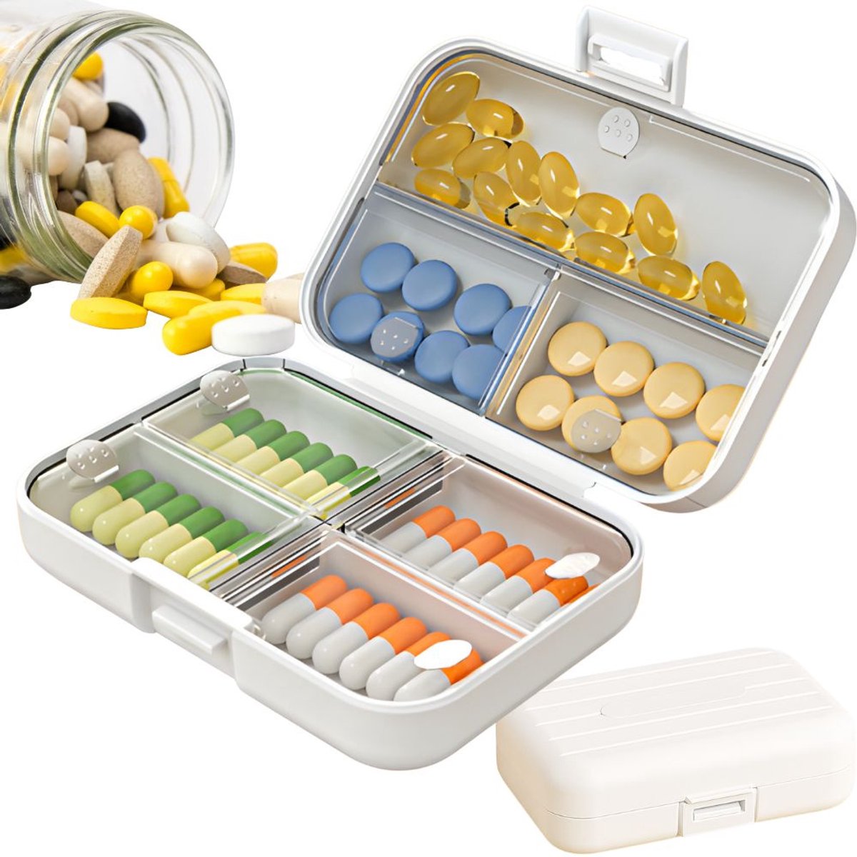 Pillendoos 7 Vakken – Medicijndoos & Vitamine Organizer – Reispillendoos – Tablettenhouder – Capsule Bewaardoos – Compact Medicijn Opbergdoos – Wit – 11 × 7 × 3,5 cm