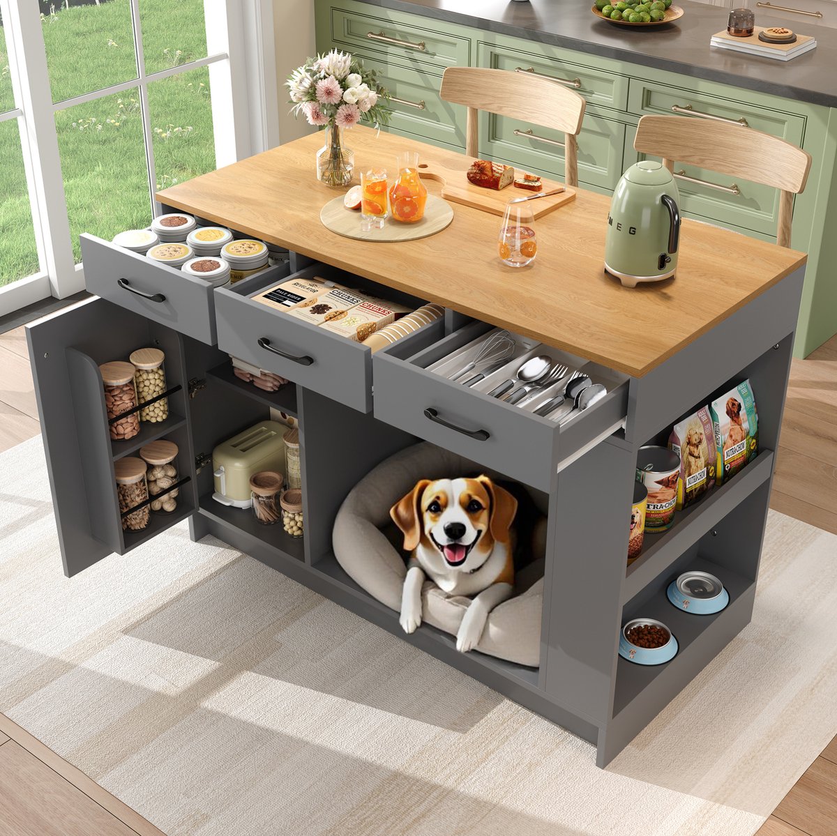 COVREO Keukenkast 120 x 60 x 90 cm - 3 lades, kruidenrek, verstelbare plank, grijs