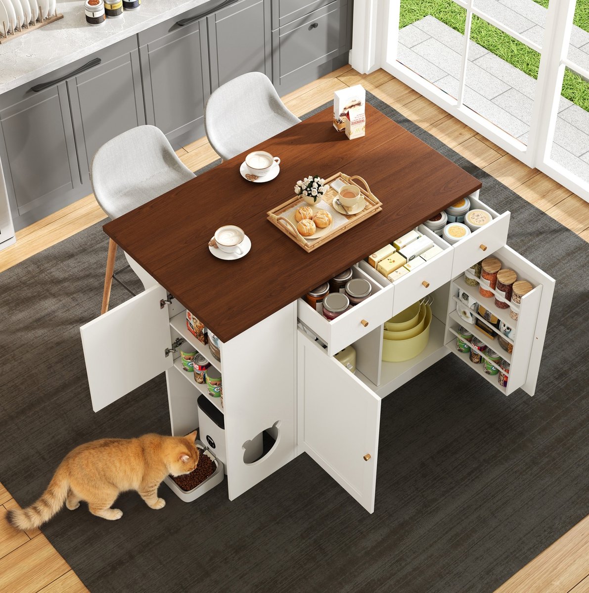 COVREO Keukenkast 120 x 40/70 x 90 cm - met uitschuifbaar werkblad, lades en kruidenrek
