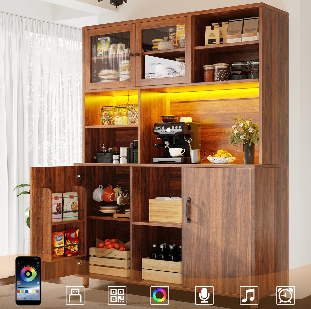 COVREO Keukenkast 140x40x185 cm - met LED-verlichting, glazen schuifdeuren, walnootbruin