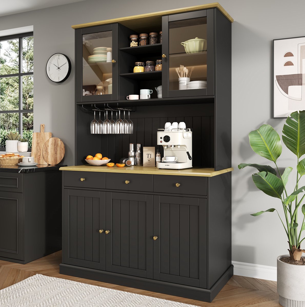 COVREO Buffetkast 120x40x191 cm - met glazen deuren, lade, glashouder, stopcontact en USB