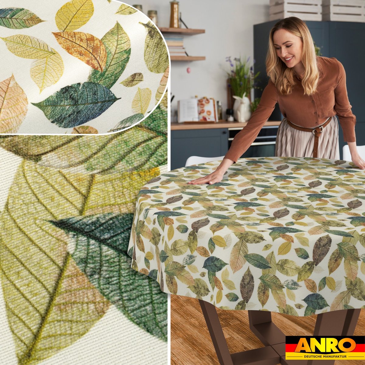 ANRO Tafelkleed Bloemen en vogels Beige Rond Ø140cm Rechte rand Afwasbaar Waterafstotend