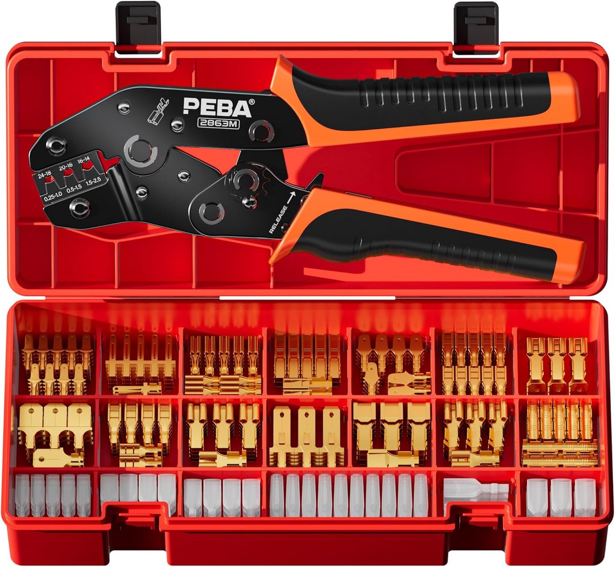 Thijox - PEBA Krimptang Set met 14 Platte Doppenset, Krimptang voor Kabelschoenen 2,8/4,8/6,3 mm, Spade Terminal Crimping Tool Kit voor 0,25-2,5 mm² K