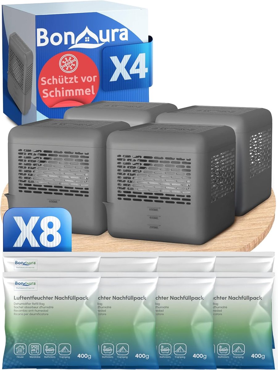 Thijox - 4 x Ontvochtiger zonder Stroom + 8 x 400 g Luchtbevochtiger - Krachtige Vochtabsorberende Granulaat voor Kelder, Badkamer, en Meer - Tot 40 m